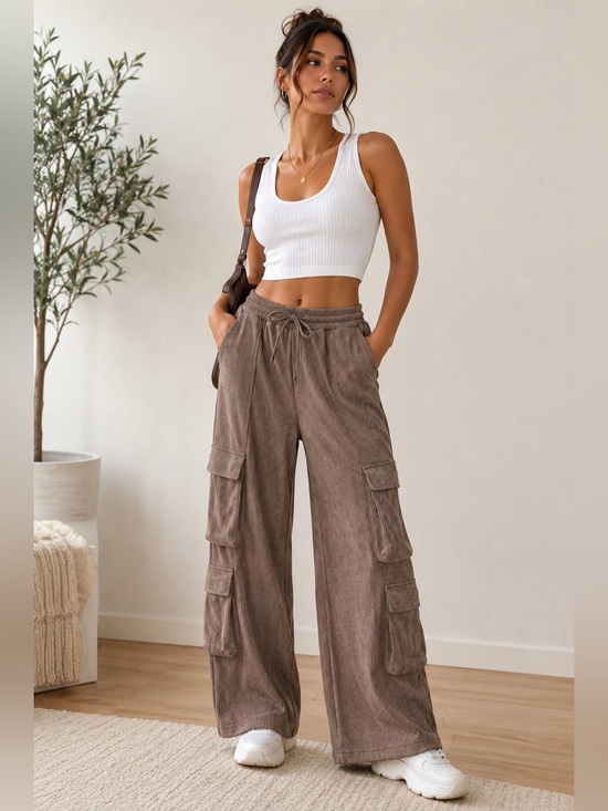 HALARA Pants - HALARA Brown Wide-Leg Cargo Corduroy Pants Pull-On Drawstring M